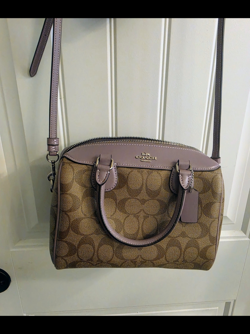 Coach Signature Canvas Satchel in Brown with Dusty Pink Trim